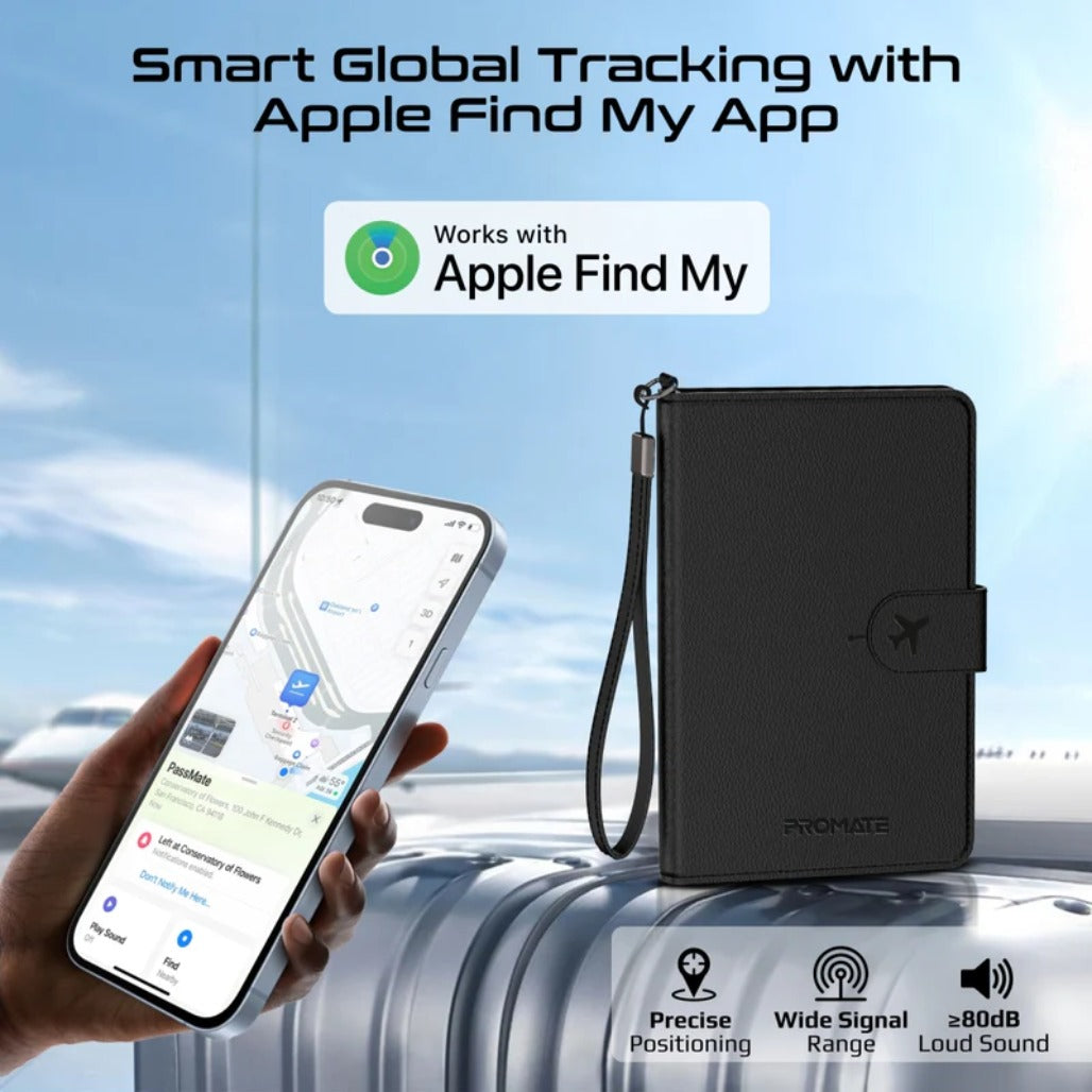 Promate PassMate Anti-Loss Slim Leather Passport Holder with RFID Protection & Smart Tracking