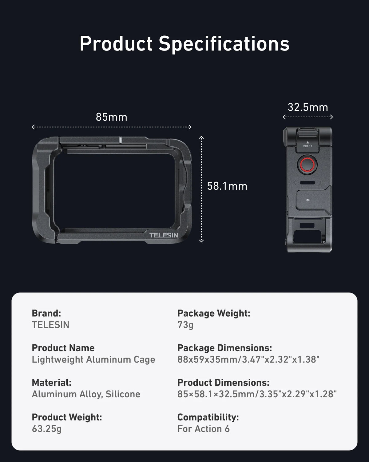 Telesin Metal Cage Kit with Lens Cap for DJI Osmo Action 6