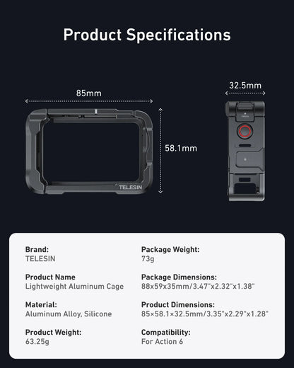 Telesin Metal Cage Kit with Lens Cap for DJI Osmo Action 6