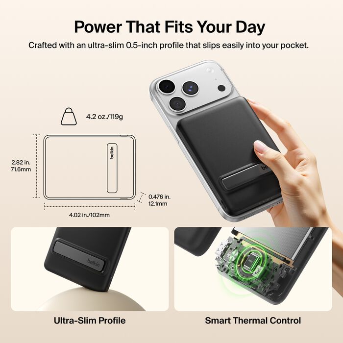 Belkin Slim Magnetic Power Bank 5K with Qi2 with Kickstand