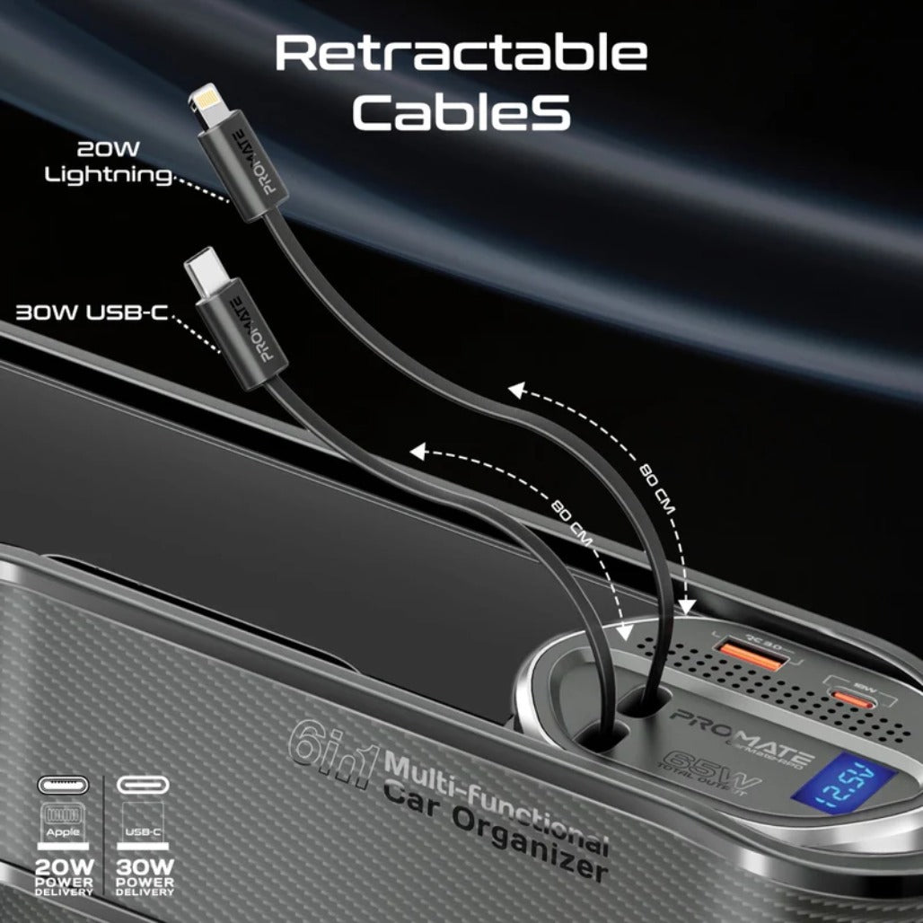Promate CarMate-RPD 65W Multi-Functional Car Organizer and Charging Station with USB-C & Lightning Retractable Cables
