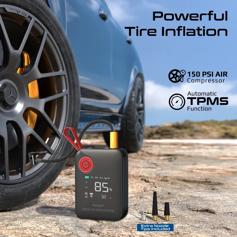 Promate 800A/12V High-Capacity Jump Starter 150PSI Air Compressor with 10000mAh Power Bank & Flashlight