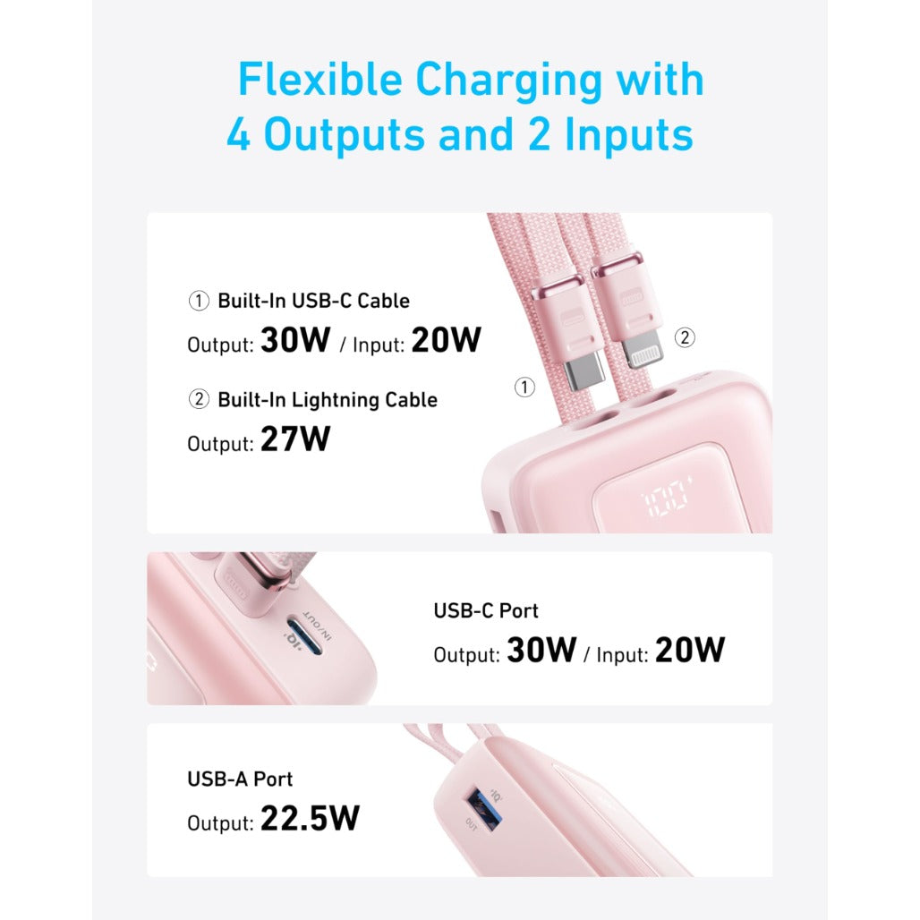 Anker Zolo Power Bank (20K, Built-In USB-C and Lightning Cable) - A1680H11