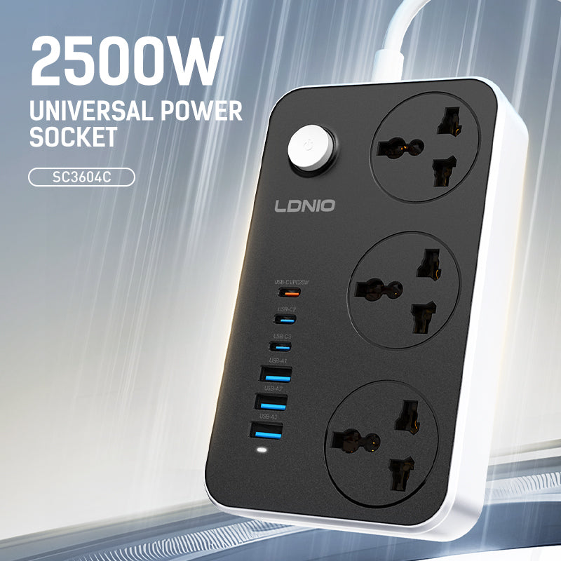 LDNIO SC3604C Power Strip With Usb Port 3 Outlets Socket 3 Usb-a +3 Usb-c Port Power Socket Extension Cord Surge Protector Plug