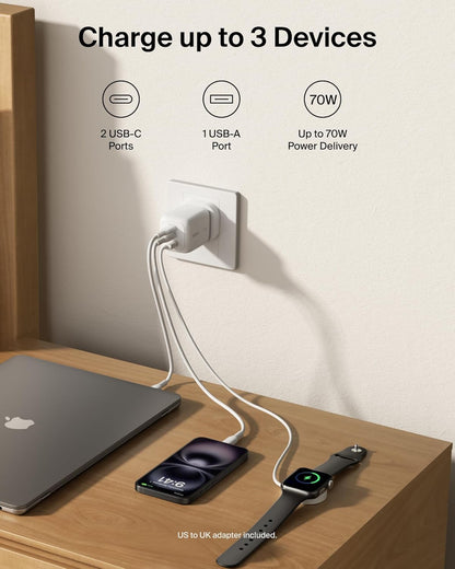 Belkin BoostCharge Pro 3-Port GaN Wall Charger 70W + Travel Adapter Kit