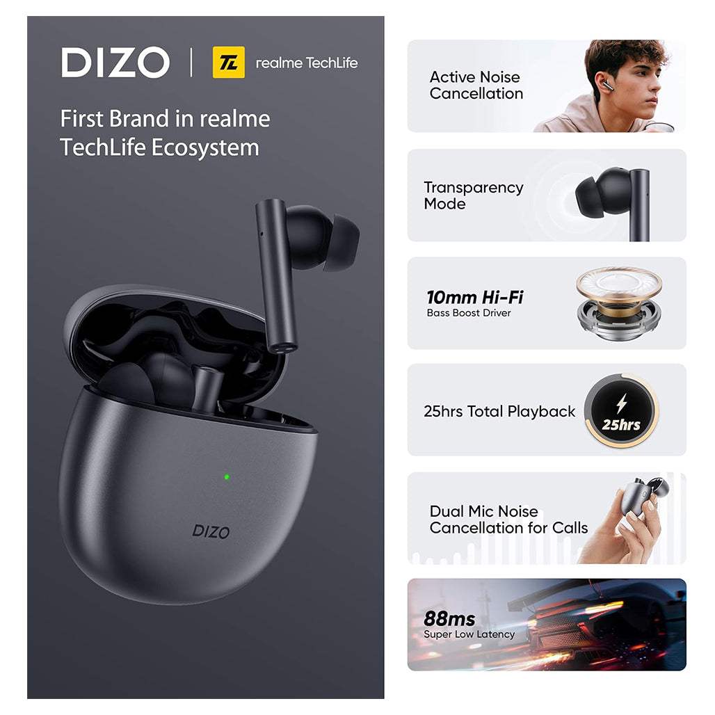 Realme DIZO GoPods TWS Active Noise Canceling Earbuds Hi-Fi Bass Boost Built-in Waterproof 25H Play Time Super Low Latency