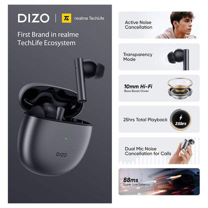 Realme DIZO GoPods TWS Active Noise Canceling Earbuds Hi-Fi Bass Boost Built-in Waterproof 25H Play Time Super Low Latency