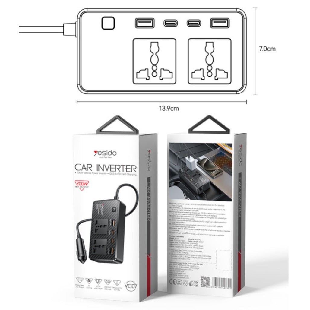Yesido VC07 12V To 200V Car Inverter - Incependent Switch Multiple Protections USB QC3.0+TC PD Fast Charging