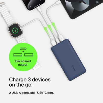 Belkin BoostCharge 10K Portable Power Bank – 15W, USB-C & Dual USB-A