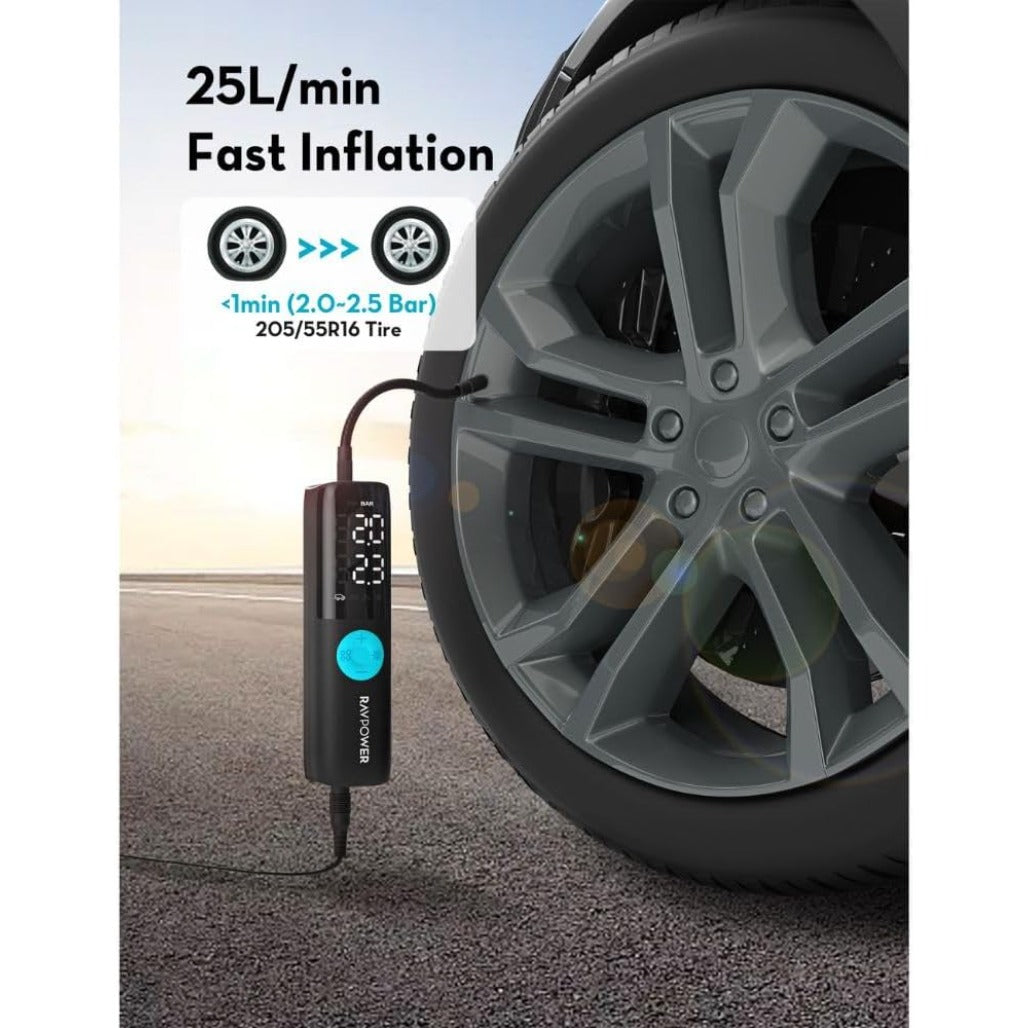 RAVPower Basic 60W Battery Free Air Pump 12-16V Output 25L/Min with Digital LED Display