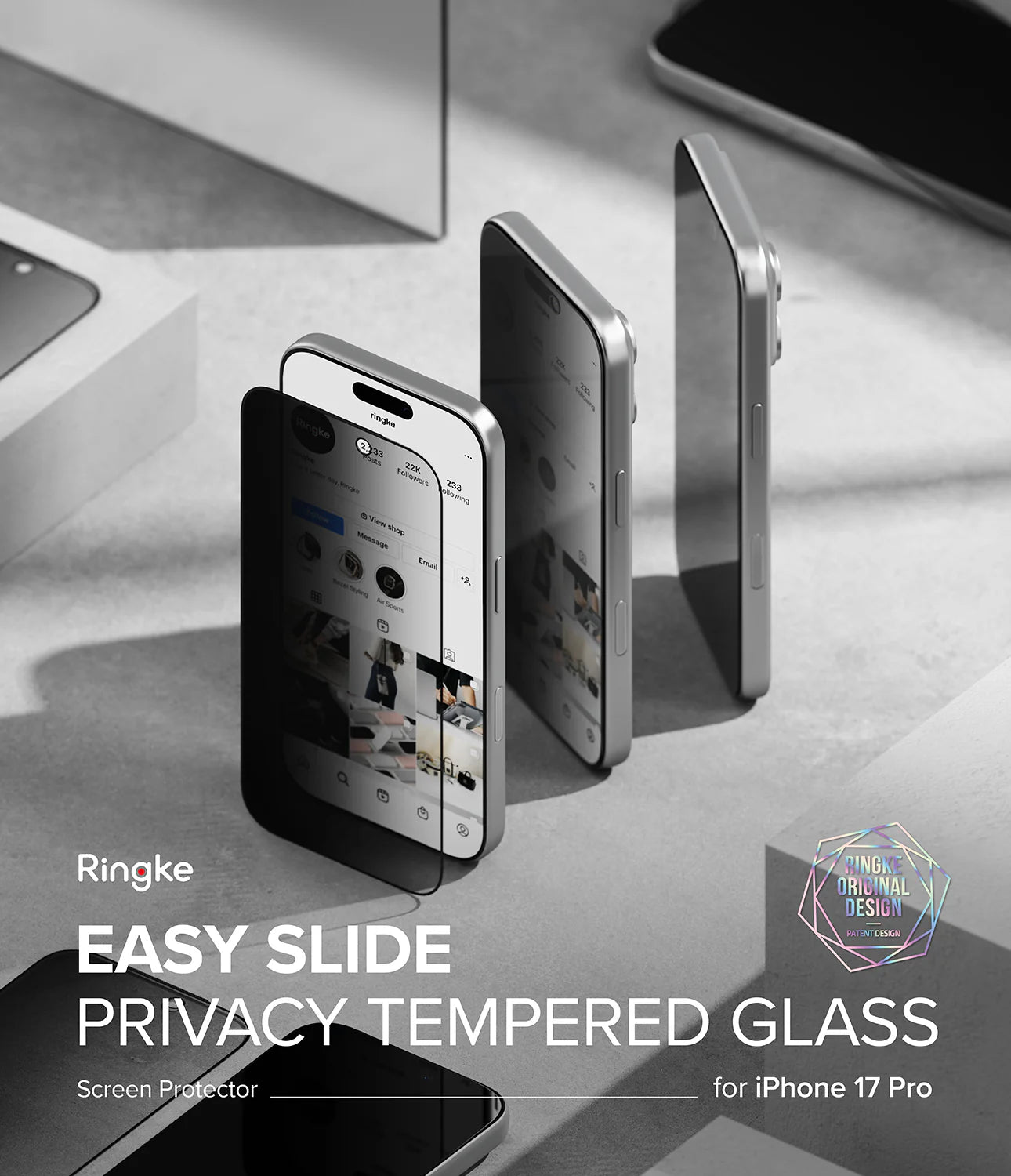 Ringke iPhone 17 Pro Screen Protector - Easy Slide Privacy Tempered Glass