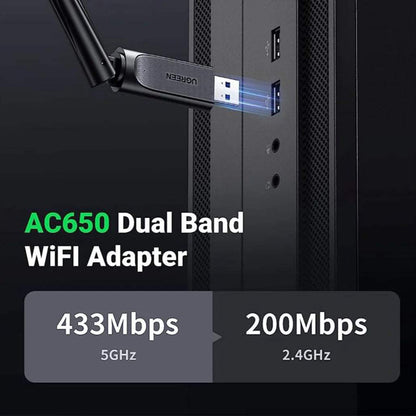 UGREEN AC650 Dual Band USB WiFi Adapter 6dBi High-Gain Antenna 2.4GHz & 5GHz Wireless Network Dongle
