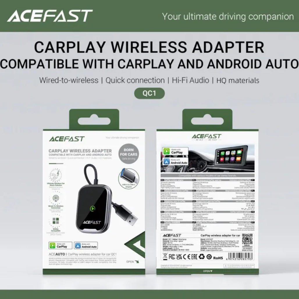 ACEFAST QC1 USB-A Wireless CarPlay & Android Auto Adapter