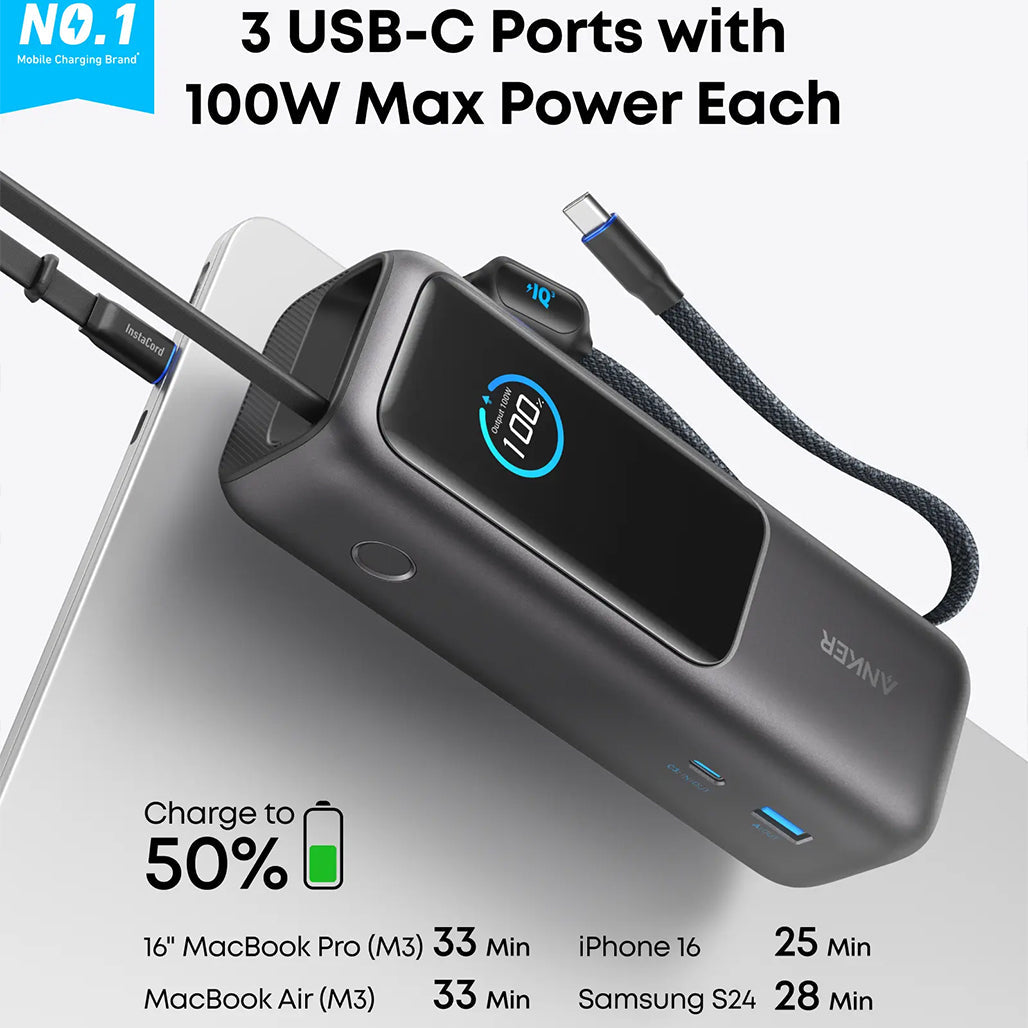 Anker Power Bank 25000mAh 165W Ultra-Fast Portable Charger with Retractable USB-C Cables (Model A1695)