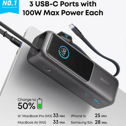 Anker Power Bank 25000mAh 165W Ultra-Fast Portable Charger with Retractable USB-C Cables (Model A1695)
