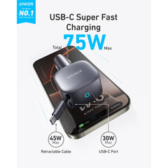 Anker Nano 75W USB-C Car Charger with Built-In Retractable Cable