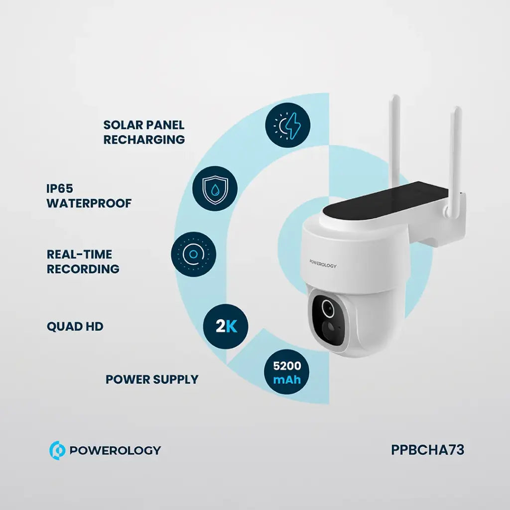 Powerology Built-In Solar Pan & Tilt Outdoor Camera – White | 2304×1269P, Night Vision, Motion Detection
