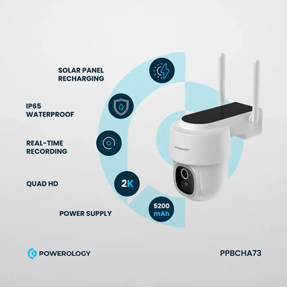 Powerology Built-In Solar Pan & Tilt Outdoor Camera – White | 2304×1269P, Night Vision, Motion Detection