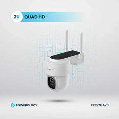 Powerology Built-In Solar Pan & Tilt Outdoor Camera – White | 2304×1269P, Night Vision, Motion Detection