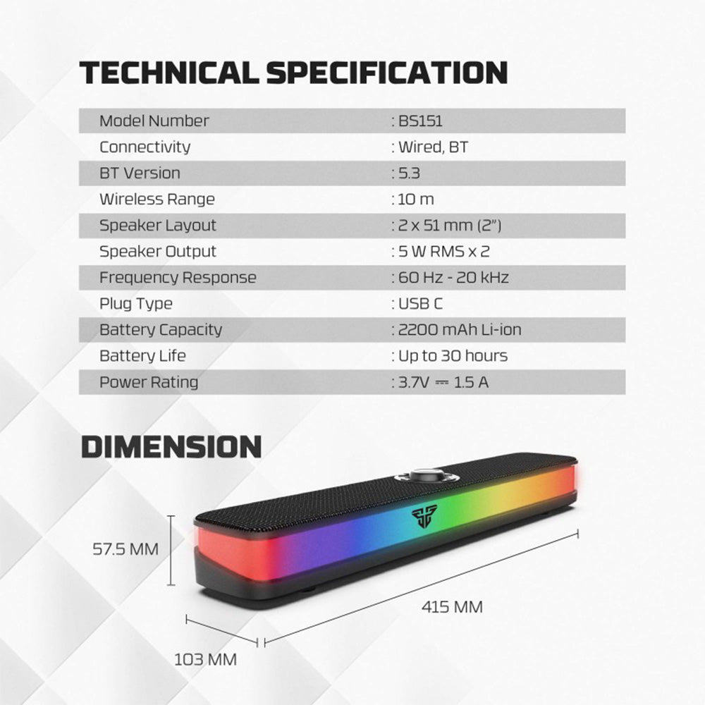 Fantech BS151 Groove Bar Pro - RGB Bluetooth Portable Gaming Speaker – 30H Battery & Stereo Sound