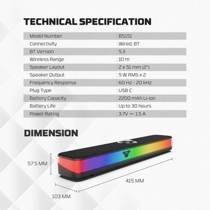 Fantech BS151 Groove Bar Pro - RGB Bluetooth Portable Gaming Speaker – 30H Battery & Stereo Sound