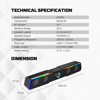 Fantech GS305 Bluetooth 5.3 Soundbar Gaming Speaker – RGB Lighting & Deep Bass
