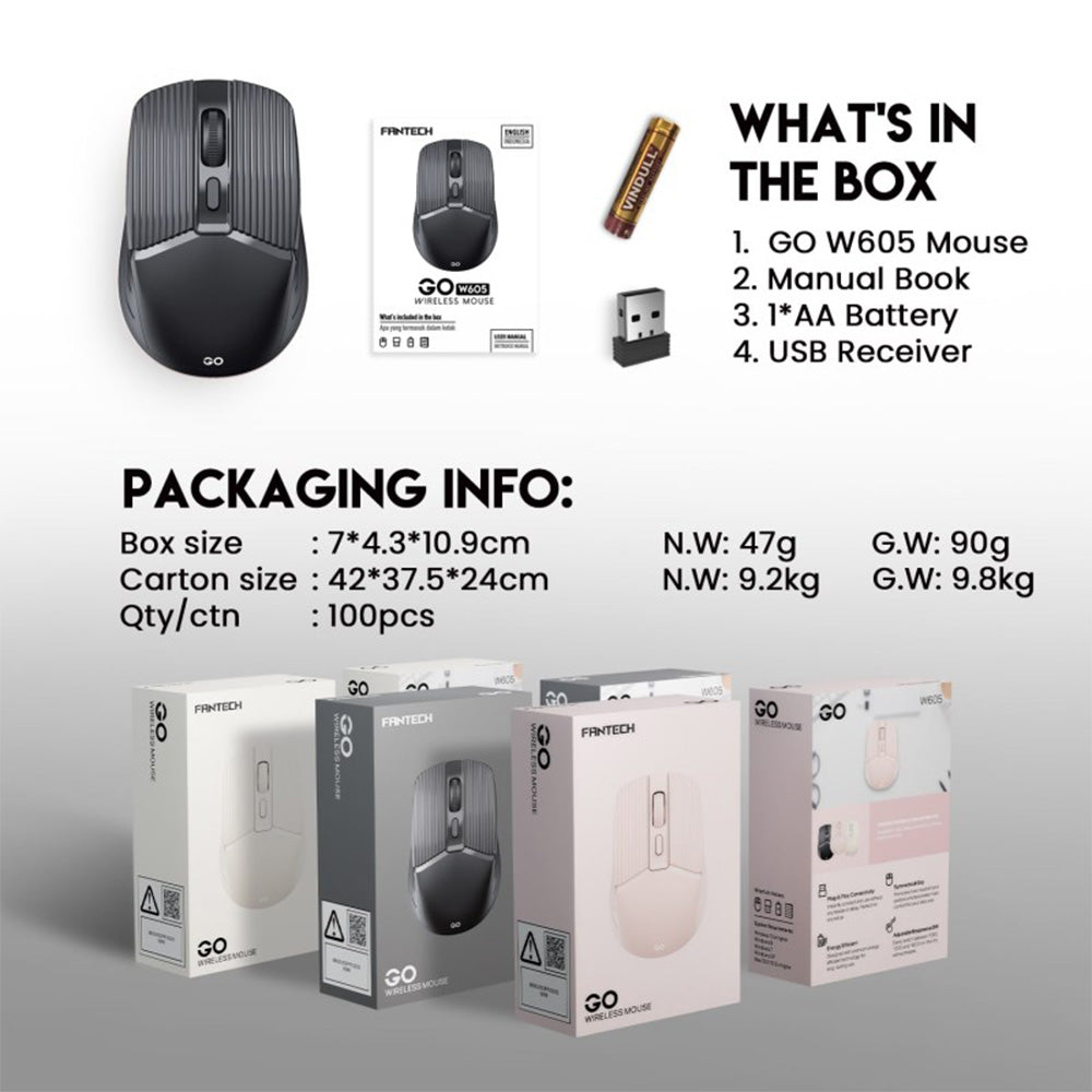 Fantech W605 GO Wireless Optical Mouse – Portable 2.4GHz USB Receiver Mouse