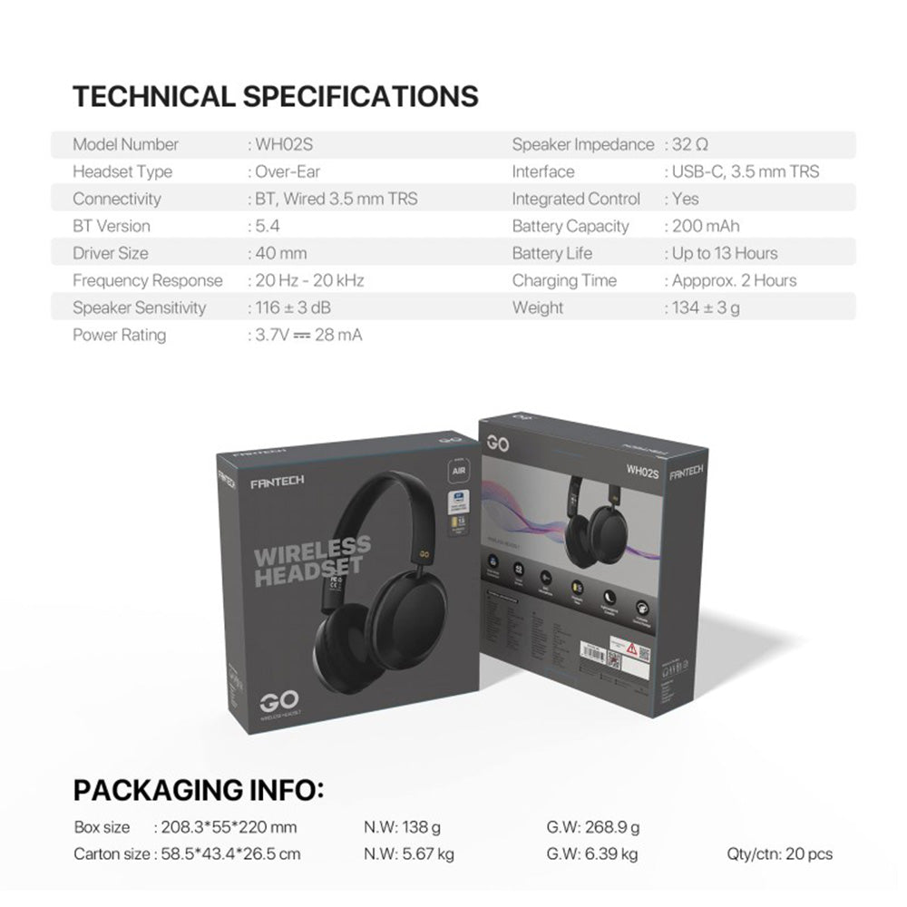 Fantech WH02s GO AIR Wireless Bluetooth Headphones with ENC Microphone