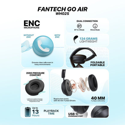 Fantech WH02s GO AIR Wireless Bluetooth Headphones with ENC Microphone
