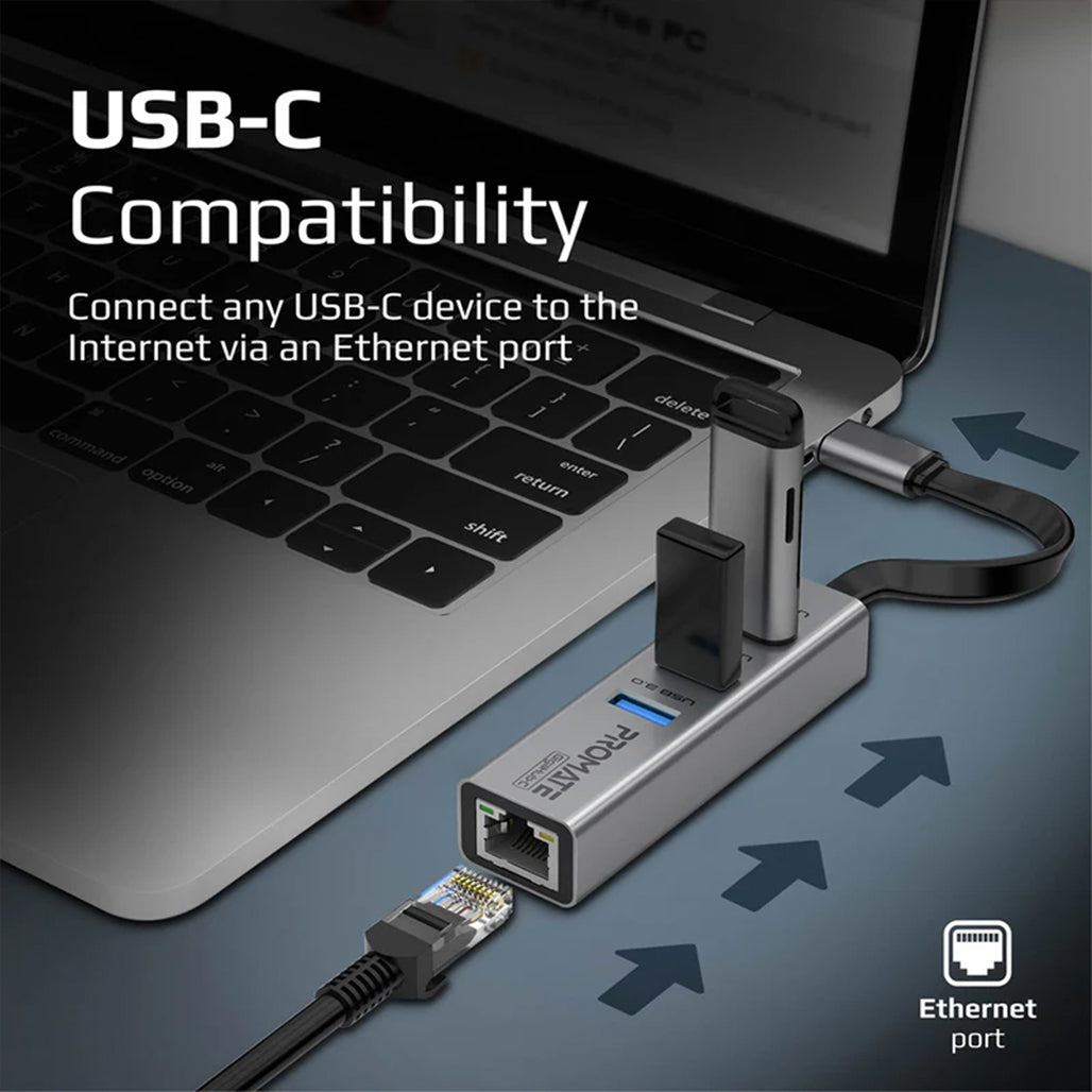 Promate GigaHub-C - Multi-Port USB-C Hub with Ethernet Adapter (USB 3.0 Ports, 5Gbps Sync, 1000Mbps Ethernet)
