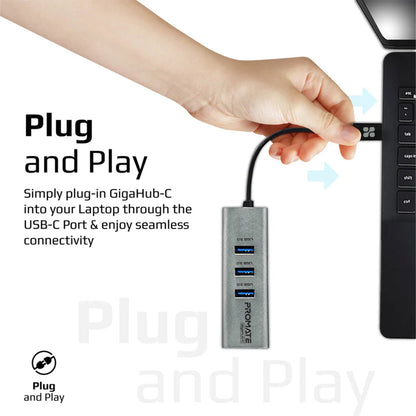 Promate GigaHub-C - Multi-Port USB-C Hub with Ethernet Adapter (USB 3.0 Ports, 5Gbps Sync, 1000Mbps Ethernet)