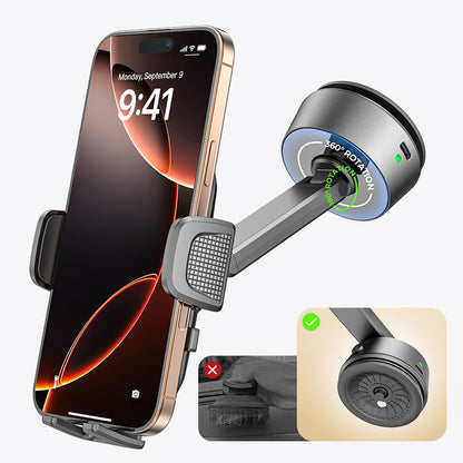 Lisen A680 Electric Suction Cup Phone Holder with Clamping Arm, 360° Rotation, and Battery Indicator