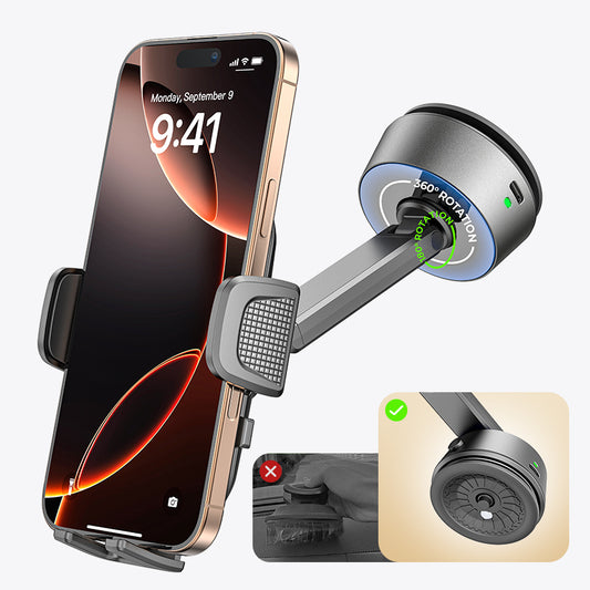 Lisen A680 Electric Suction Cup Phone Holder with Clamping Arm, 360° Rotation, and Battery Indicator