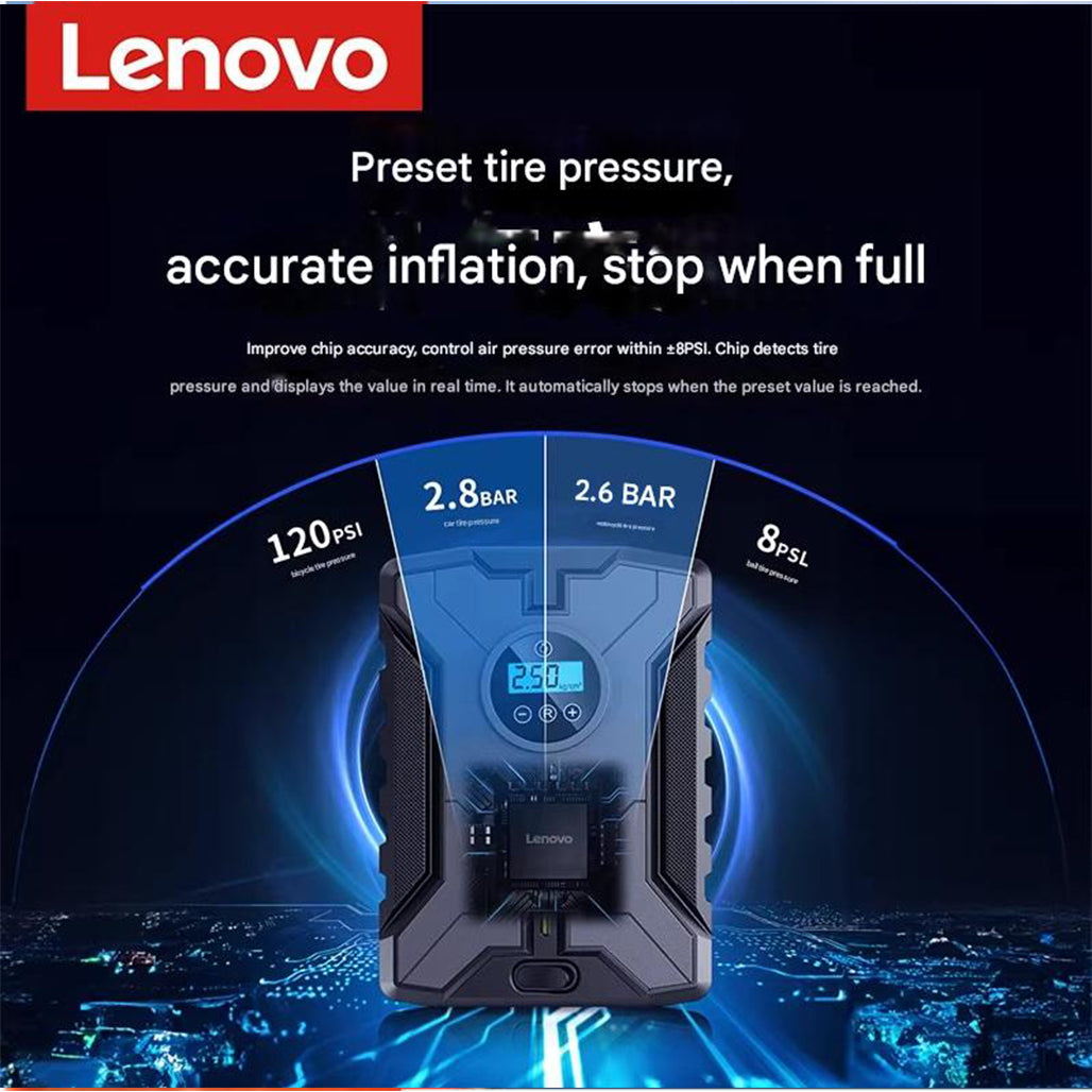 Lenovo HV05 Portable Car Tire Inflator – 12V Air Pump with Gauge & Light