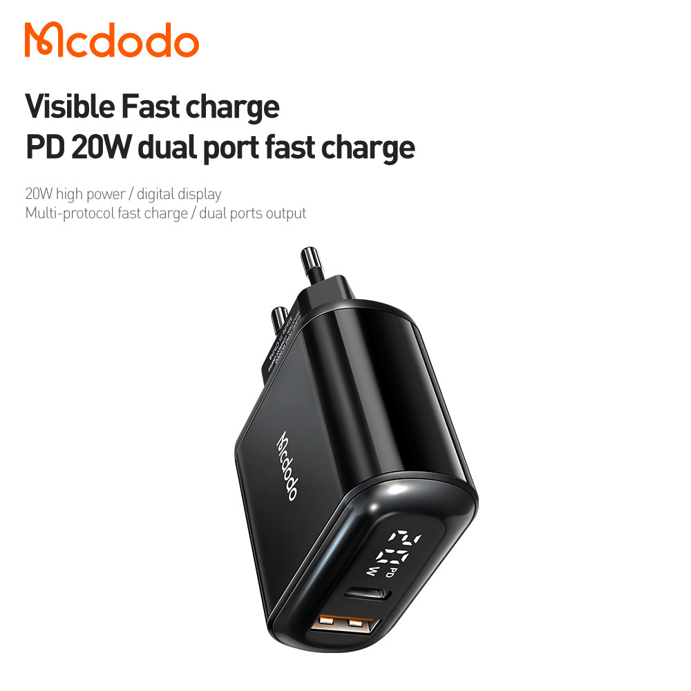 Mcdodo CH-717 Dual Port 20W Fast Charger – PD 3.0 + QC 3.0 with Digital Display