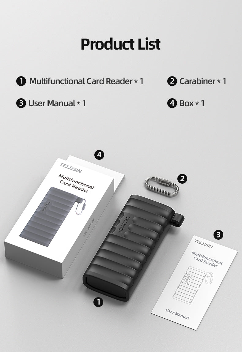 Telesin Multifunctional Card Reader – USB-C, 312MB/s High-Speed Transfer, IP54 Protection, Storage for SD, TF & Nano SIM Cards – S6-MCR-01