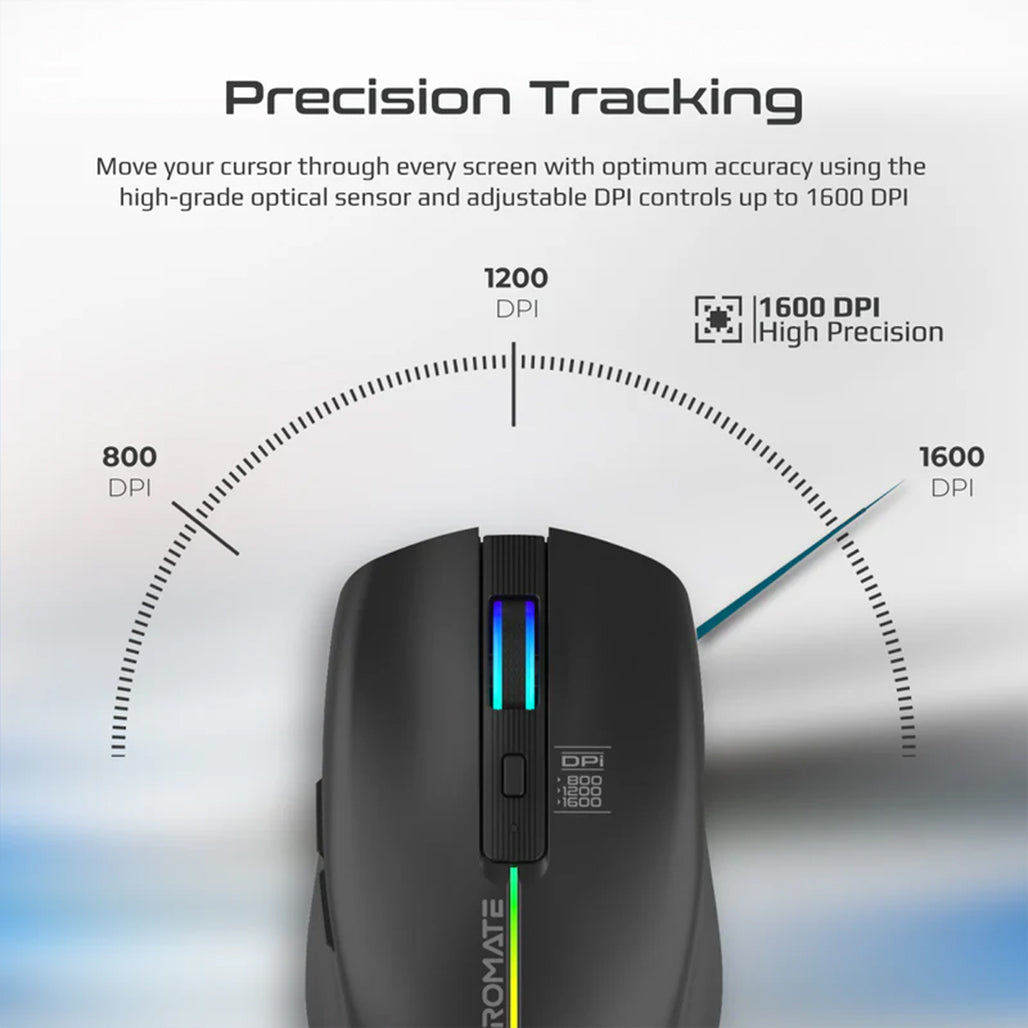 Promate Kitt — 2.4GHz Wireless Ergonomic Optical Mouse with LED Rainbow Lights