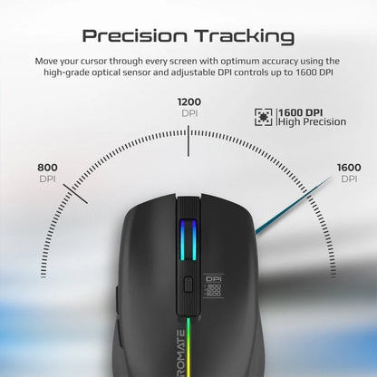 Promate Kitt — 2.4GHz Wireless Ergonomic Optical Mouse with LED Rainbow Lights