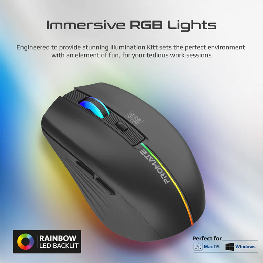 Promate Kitt — 2.4GHz Wireless Ergonomic Optical Mouse with LED Rainbow Lights