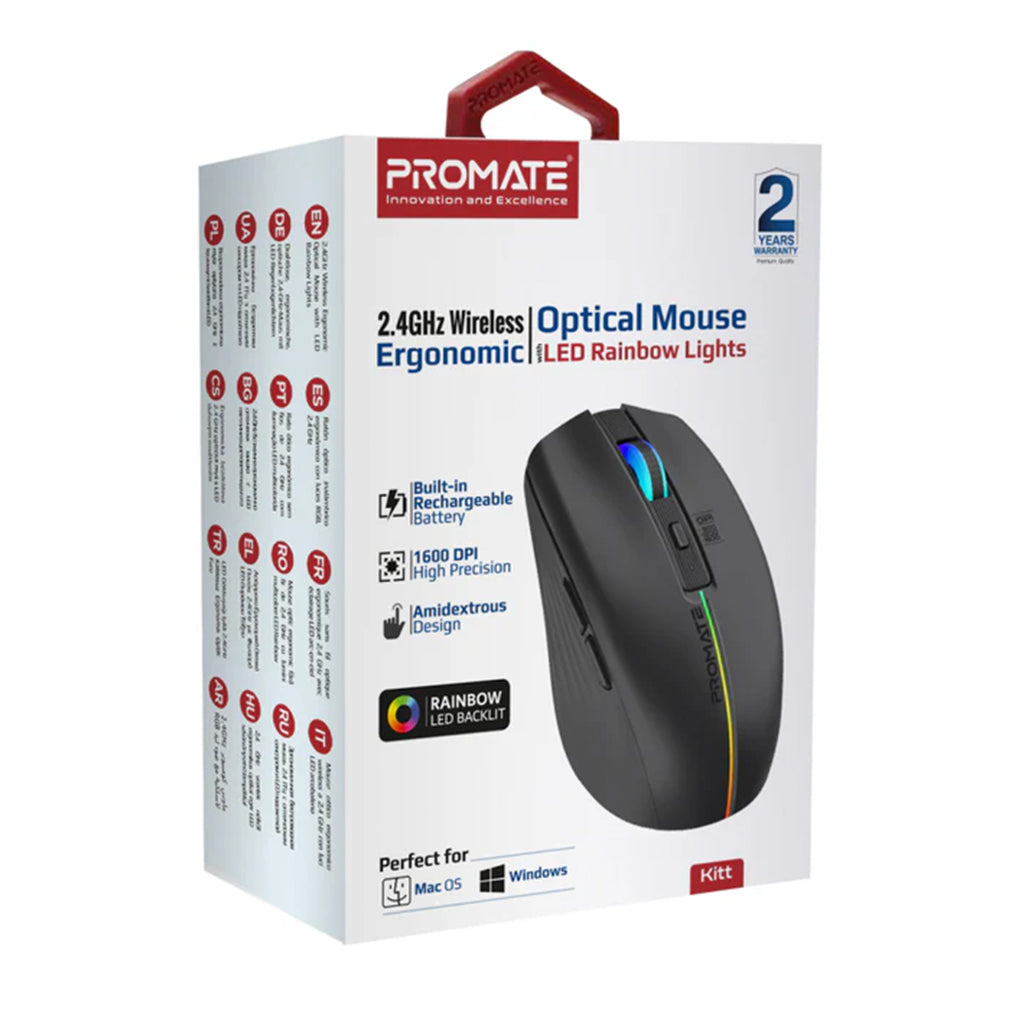 Promate Kitt — 2.4GHz Wireless Ergonomic Optical Mouse with LED Rainbow Lights