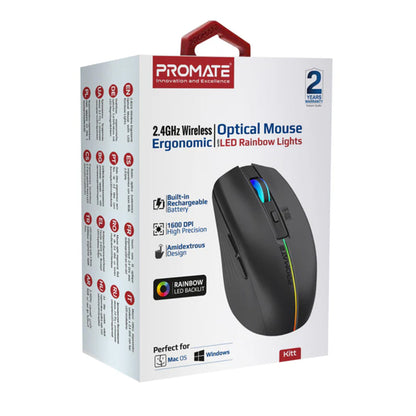 Promate Kitt — 2.4GHz Wireless Ergonomic Optical Mouse with LED Rainbow Lights