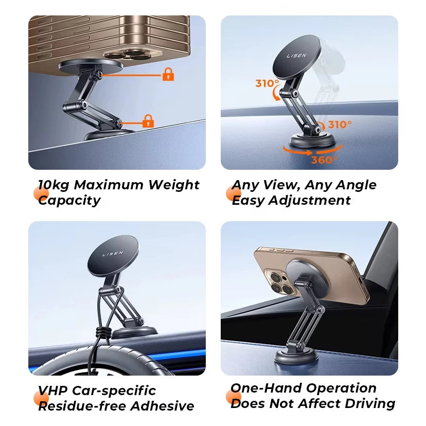 Lisen Magnetic Car Phone Mount – 360° Rotatable Foldable Metal Holder