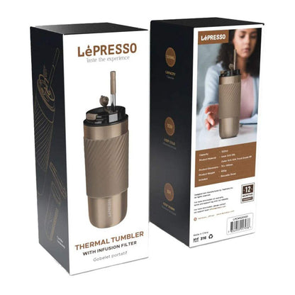 Lepresso Thermal Tumbler with Infusion Filter 520ml Stainless Steel Insulated Bottle with Reusable Straw - Brass