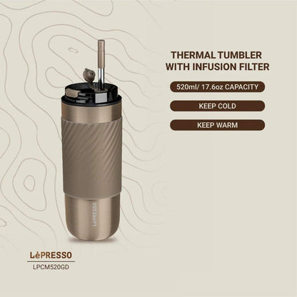 Lepresso Thermal Tumbler with Infusion Filter 520ml Stainless Steel Insulated Bottle with Reusable Straw - Brass