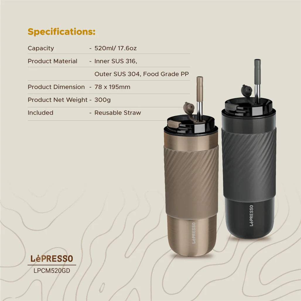 Lepresso Thermal Tumbler with Infusion Filter 520ml Stainless Steel Insulated Bottle with Reusable Straw - Brass