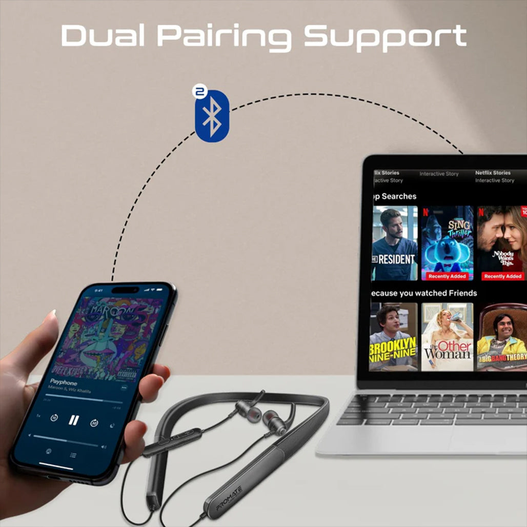 Promate Leap-200H — SportFit™ High Fidelity Wireless ENC Neckband Earphones with 200 Hours Playtime