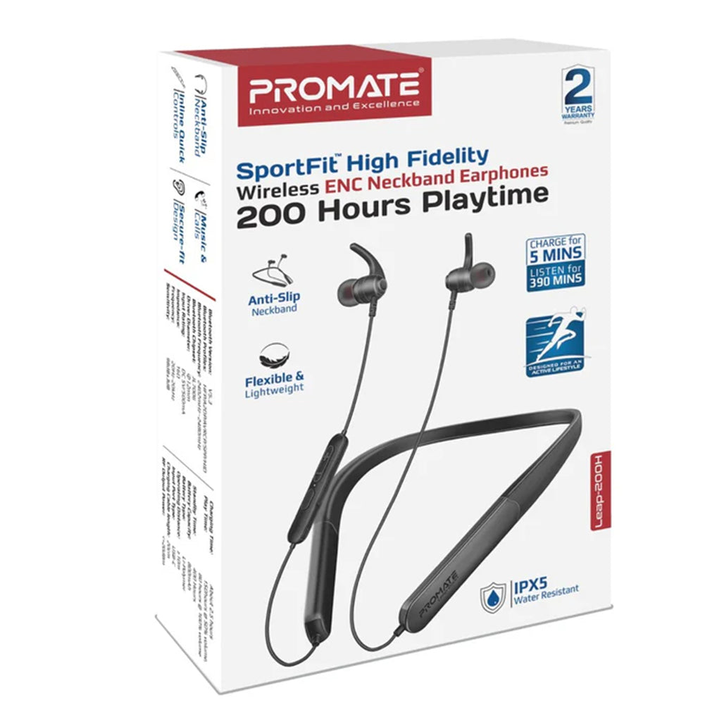 Promate Leap-200H — SportFit™ High Fidelity Wireless ENC Neckband Earphones with 200 Hours Playtime
