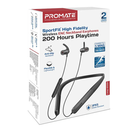 Promate Leap-200H — SportFit™ High Fidelity Wireless ENC Neckband Earphones with 200 Hours Playtime