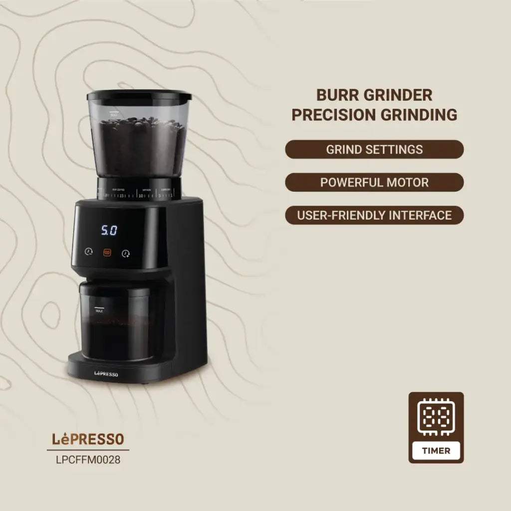 LePresso Conical Burr Coffee Grinder 275g – 31 Settings, Timer