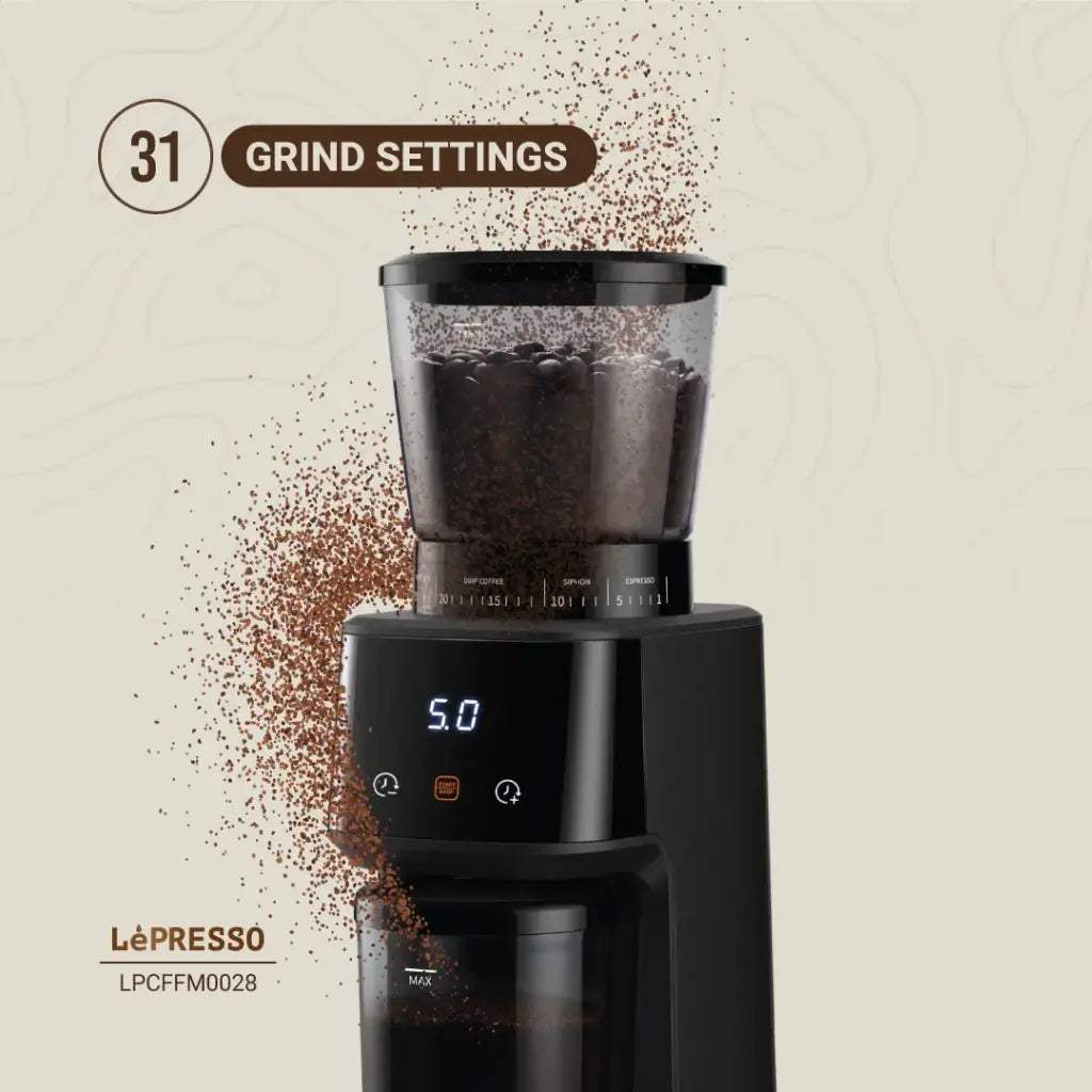 LePresso Conical Burr Coffee Grinder 275g – 31 Settings, Timer